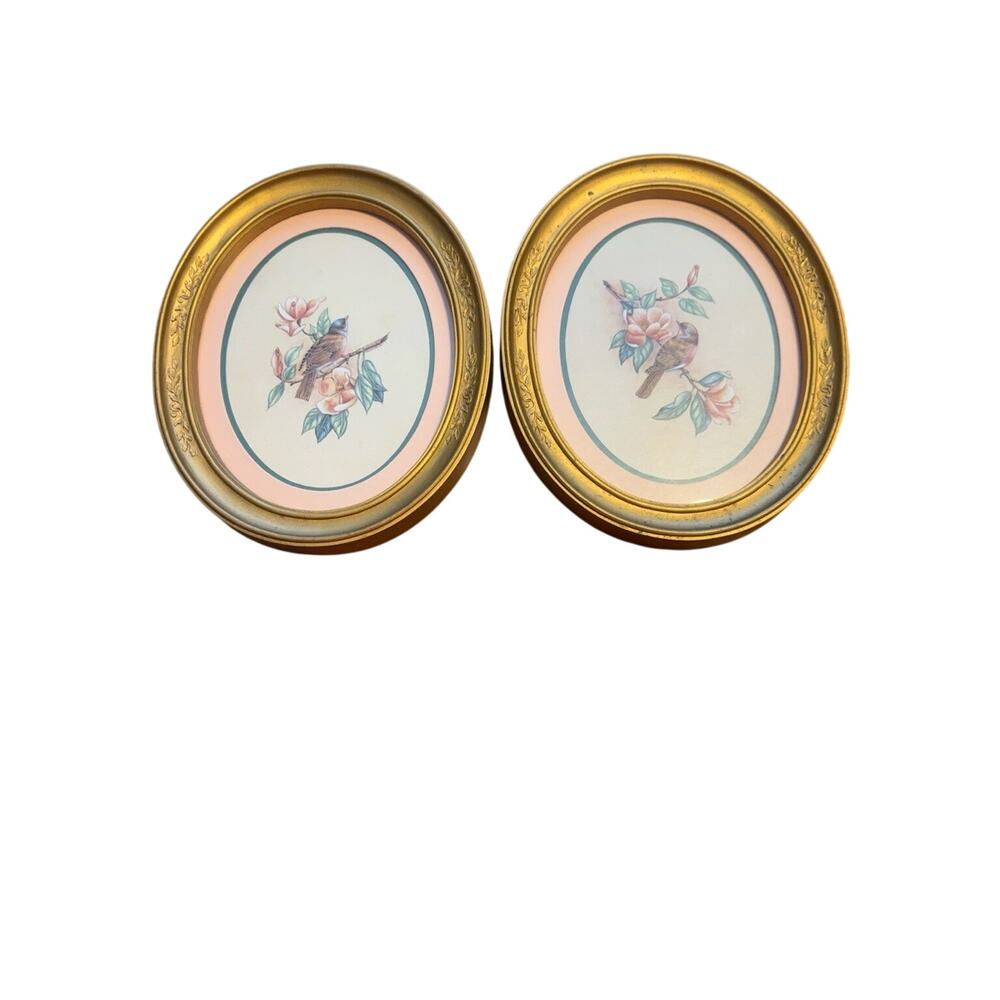 Vintage Gold Oval Framed Bird Floral Prints Set of 2 Cottage Farmhouse Wall Art